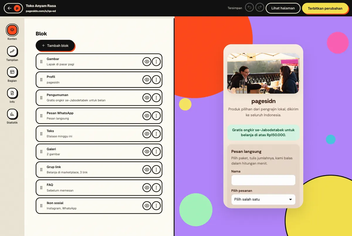 The pagesidn editor with the block list on the left and the page preview on the right